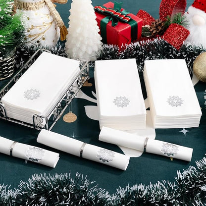 50 Pack Christmas Snowflake Paper Napkins - Cloth-like Christmas Disposable Hand Towels, Silver Premium Quality Xmas Dinner Napkin for Home Kitchen Table Bathroom Holiday Decor
