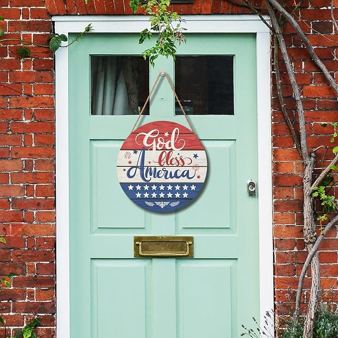 July Fourth Memorial Day Decorations Sign for Front Door Independence Day Patriotic Wreath Welcome Hanging Plaque God Bless America Round Wooden Hanger for Memorial Outdoor Decor 12”x 12”