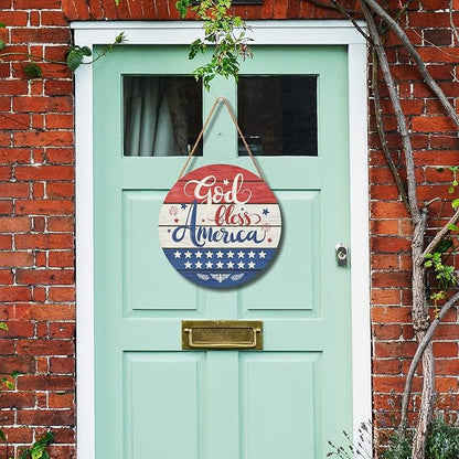 July Fourth Memorial Day Decorations Sign for Front Door Independence Day Patriotic Wreath Welcome Hanging Plaque God Bless America Round Wooden Hanger for Memorial Outdoor Decor 12”x 12”