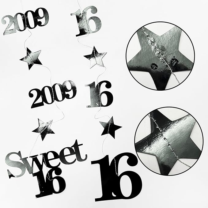 12PCS Black 16th Birthday Decorations Number 16 and 2009 Star Garland Hanging Streamer Banner Backdrop for Girls Boys Cheers to 16 Years Old Birthday Made in 2009 Sweet Sixteen Party Decor Supplies
