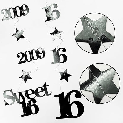 12PCS Black 16th Birthday Decorations Number 16 and 2009 Star Garland Hanging Streamer Banner Backdrop for Girls Boys Cheers to 16 Years Old Birthday Made in 2009 Sweet Sixteen Party Decor Supplies