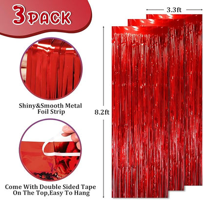 2 Pack Red Tinsel Foil Fringe Curtains, Red Party Decorations, Metallic Tinsel Party Streamers Backdrop for Birthday Red Carpet Christmas Graduation Carnival Valentine's Party Decorations