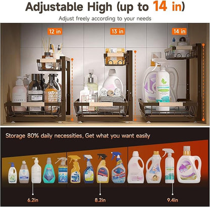 2 Packs Under Sink Organizer, Height Adjustable 2 Tier Under Kitchen Sink Organizer, Multi-Purpose Storage Shelf for Kitchen Bathroom Cabinet (Brown, Extra Large)