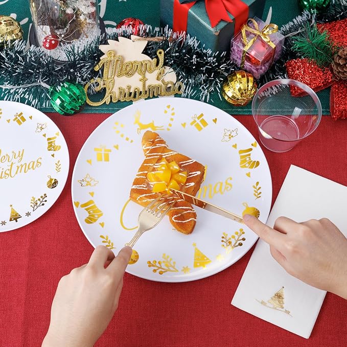 Ciaell 175 Pieces Christmas Plastic Plates - Christmas Gold Plastic Plates include 25Dinner Plate, 25Dessert Plate, 25Knives, 25Forks, 25Spoons, 25cups, 25 Napkins for Xmas Party
