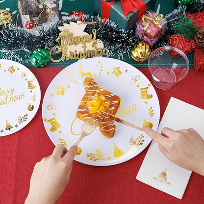 Ciaell 175 Pieces Christmas Plastic Plates - Christmas Gold Plastic Plates include 25Dinner Plate, 25Dessert Plate, 25Knives, 25Forks, 25Spoons, 25cups, 25 Napkins for Xmas Party