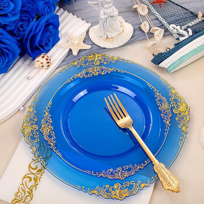 Hioasis 210pcs Blue and Gold Plastic Plates - Elegant Disposable Dinnerware Set Suitable for 30 Guests Include 10.25" Dinner & 7.5" Dessert Plates, Pre Rolled Silverware Set, Cups for Christmas