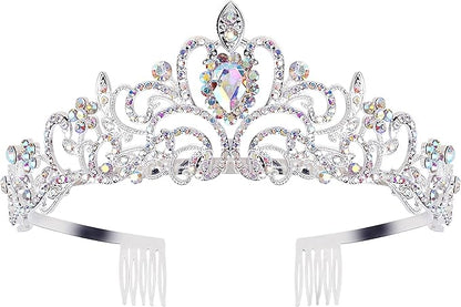 COCIDE Silver Tiara Crowns Aurora Borealis Crystal Headband Princess Colorful Rhinestone Crown with Combs Bride Headbands Bridal Wedding Prom Birthday Party Hair Accessories Jewelry for Women Girls