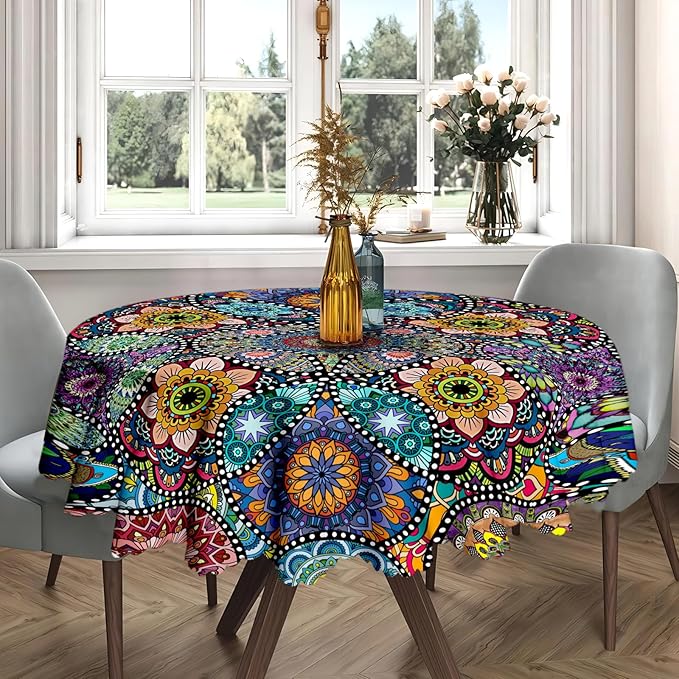 Eikione Boho Round Tablecloth, 60inch Bohemia Table Cover, Colorful Polyester Waterproof Stain Resistant, Wrinkle Free, Circle Tablecloth for Indoor and Outdoor Use