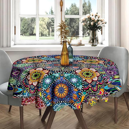 Eikione Boho Round Tablecloth, 60inch Bohemia Table Cover, Colorful Polyester Waterproof Stain Resistant, Wrinkle Free, Circle Tablecloth for Indoor and Outdoor Use