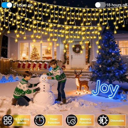 1332 LED 132FT Christmas Lights with 296 Drops, 12 Modes Dimmable Warm white Outdoor Hanging Lights with Timer Memory, Waterproof Curtain Lights for Home Bedroom Indoor Tree Window Roof Fence Wedding