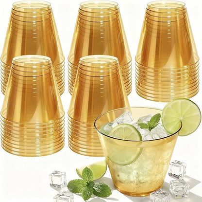 150 Pack Plastic Cups 9 oz Gold Clear Plastic Cups for Cocktail Fancy Disposable Cup for Party Stemless Wine Glasses for Wedding Thanksgiving Christmas Party Graduation