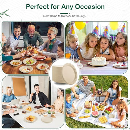 𝟕 𝐈𝐧𝐜𝐡, 𝟏𝟐𝟖-𝐏𝐚𝐜𝐤 Compostable Paper Plates, Heavy-Duty Biodegradable Disposable Dish Made from Bagasse, Perfeck for Snacks, Desserts, Party, Wedding and More (Nature)