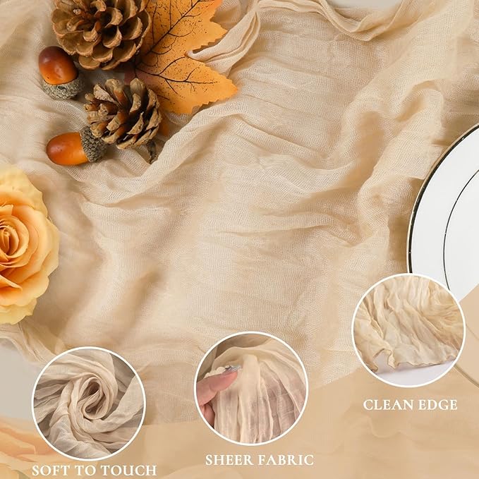 10 Pack Champagne Cheesecloth Table Runner 35x120 Inches, Boho Gold Cheese Cloth Table Runner 10FT Boho Sheer Gauze Runner for Bridal Shower Wedding Baby Shower Party Decor