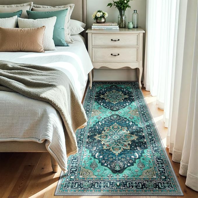 Area Rugs 3'x6' Runner Rug Non Slip Washable for Kitchen Hallway Bedroom Beside Laundry Room Bathroom Rug, Floor Carpet, Teal Green Lake Blue Turquoise