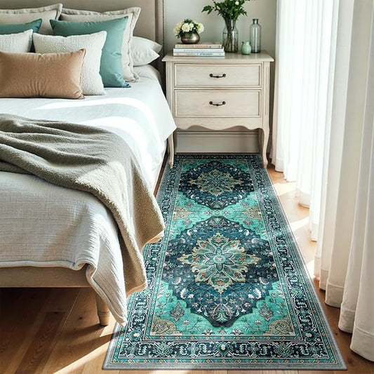 Area Rugs 3'x6' Runner Rug Non Slip Washable for Kitchen Hallway Bedroom Beside Laundry Room Bathroom Rug, Floor Carpet, Teal Green Lake Blue Turquoise