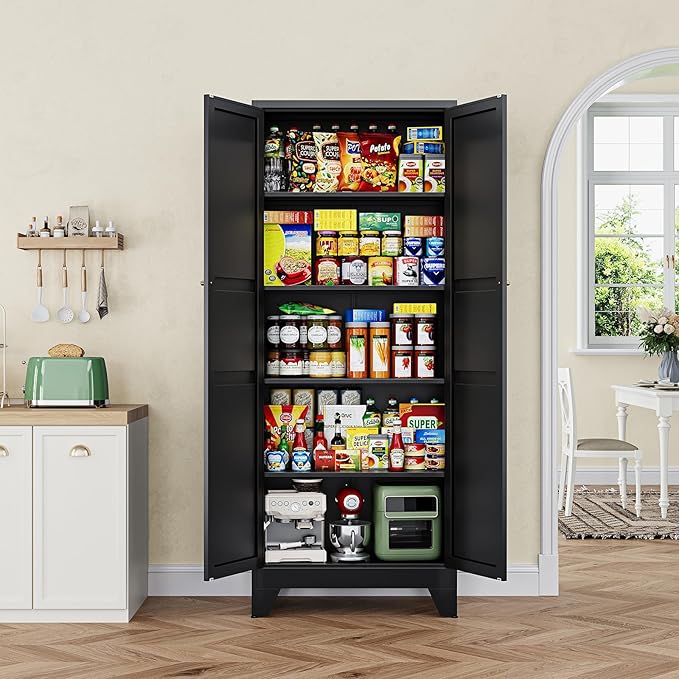 Letaya 75" H Metal Storage Cabinet with 2 Doors and 4 Shelves,Tall Kitchen Pantry Cabinets,Farmhouse Utility Pantry Organizers for Cupboard/Dining/Bathroom/Home Office/Garage Room,Black