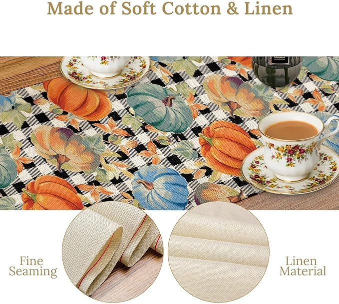 Fall Pumpkin Table Runner Black White Plaid Maple Leaves Watercolor Illustration Rustic Thanksgiving Home Decor for Farmhouse Indoor Outdoor Party Holiday Dining Kitchen Restaurant Cafe W13xL72in