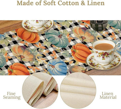Fall Pumpkin Table Runner Black White Plaid Maple Leaves Watercolor Illustration Rustic Thanksgiving Home Decor for Farmhouse Indoor Outdoor Party Holiday Dining Kitchen Restaurant Cafe W13xL60in