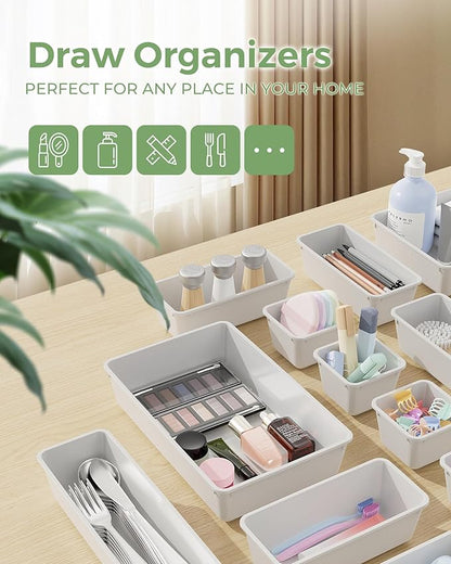 25 PCS Plastic Drawer Organizers Set, 4-Sizes Vanity and Makeup Organizer, Desk and bathroom Drawer Organizer Trays, Organizers and Storage for Makeup, Jewelry, Gadgets, Utensils (White)