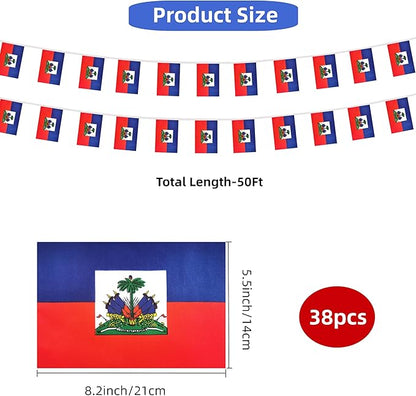 Haiti Small String Flags, 50 Feet 38 Pcs Haitian Pennant Banner Bunting Flags, Patriotic Events, Independence Day, Country Festival, Commemoration, Decorations (Haiti)