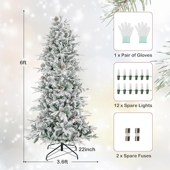 GOFLAME 6FT Pre-Lit Christmas Tree Snow Flocked, Hinged Artificial Xmas Tree with 715 Branch Tips, 36 Natural Pine Cones & 210 Warm White Incandescent Lights, Holiday Decoration Tree for Home Office