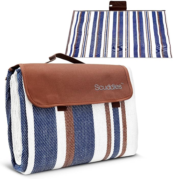 scuddles Blue Extra Large Picnic Blanket 78x59 Inch Waterproof Outdoor Mat Soft 3 Layer Acrylic Sponge PEVA Foldable with Carry Strap Lightweight Compact for Beach Camping Hiking Travel Family Use