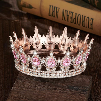 Queen Crown Rhinestone Wedding Crowns and Tiaras for Women Costume Party Hair Accessories Princess Birthday Crown Crystal Bridal Crown (Rose Gold & Pink Crown)