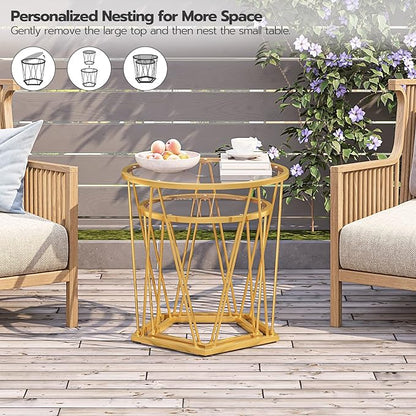HOOBRO Small Coffee Table Set of 2, Round Coffee End Table with Metal Frame, Glass Tabletop, Gold Side Table for Living Room, Bedroom and Balcony, Modern Style, Gold GD79BZ01