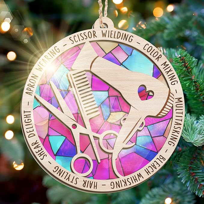 FLAGWIX Christmas Hairstylist Gifts Women - Suncatcher Hairdresser Christmas Ornaments 2025 for Tree Decorations - Hair Stylist Ornament, Hair Stylist Gifts for Hairdressers Female Barbers Beauticians