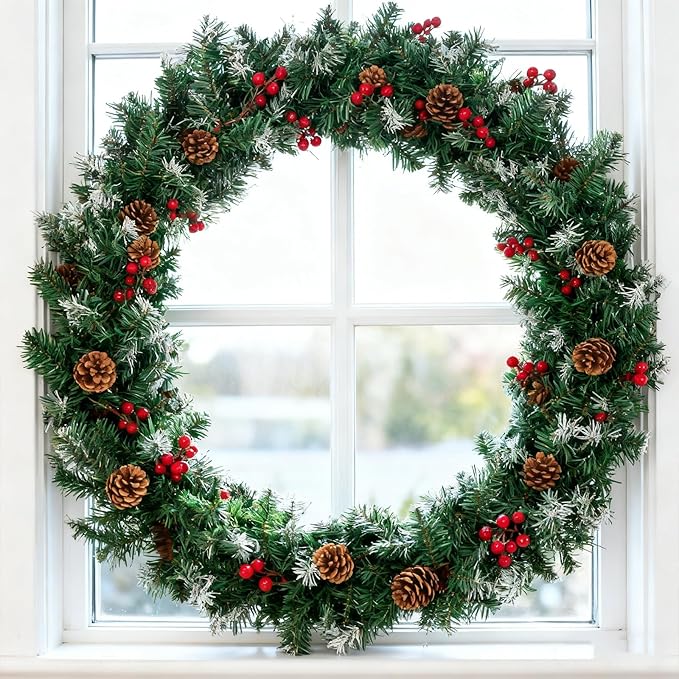 Christmas Garland with Lights, 9FT Snow Flocked Christmas Garland for Mantle, Prelit Outdoor Garlands with Red Berries and Pine Cores for Outdoor Indoor Mantle Table Stairs Fireplace Home Decor