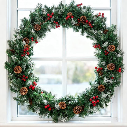 Christmas Garland with Lights, 9FT Snow Flocked Christmas Garland for Mantle, Prelit Outdoor Garlands with Red Berries and Pine Cores for Outdoor Indoor Mantle Table Stairs Fireplace Home Decor