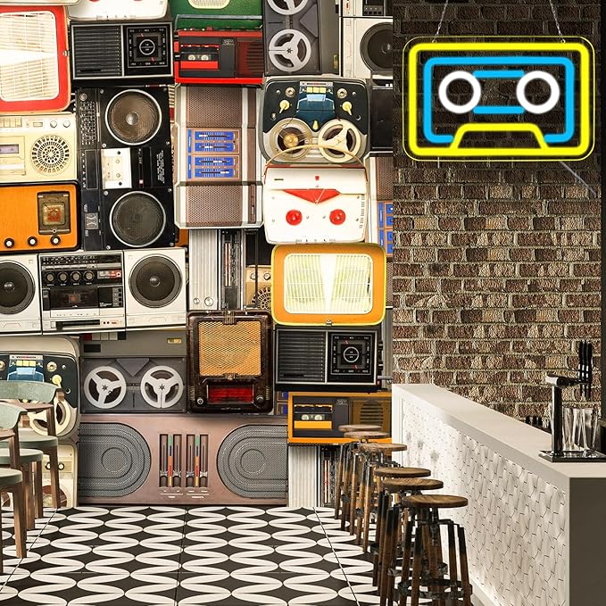 Retro Cassette Neon Sign Vintage Yellow USB Mood Light Music Studio Gaming Room Bar Bedroom Decor