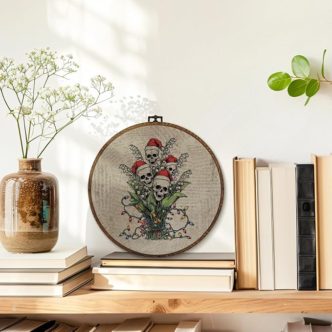 MOTERMATE Gothic Christmas Lily of the Valley Skull Wall Art Decor Round Framed, Spooky Christmas Canvas Wall Art Artwork Prints, Skull Floral Hanging Decor Decorations for Home Bedroom, 10x10 Inch