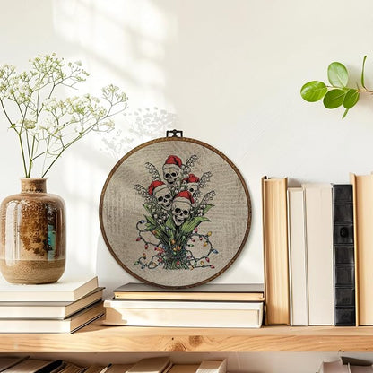 MOTERMATE Gothic Christmas Lily of the Valley Skull Wall Art Decor Round Framed, Spooky Christmas Canvas Wall Art Artwork Prints, Skull Floral Hanging Decor Decorations for Home Bedroom, 10x10 Inch