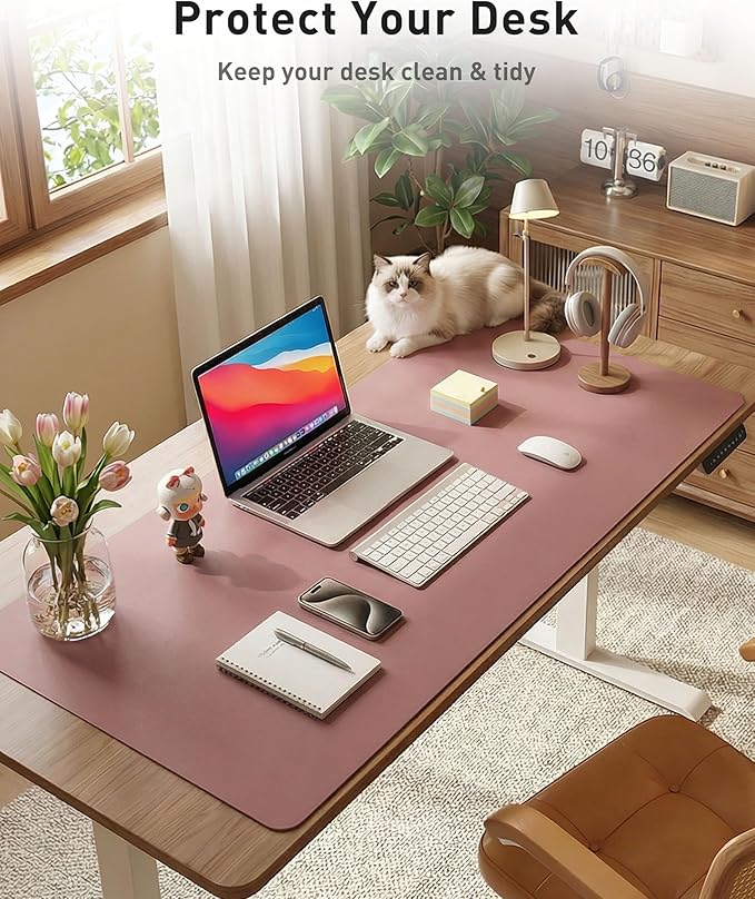 Aothia Faux Leather Desk Mat - Large Mouse Pad, Non-Slip PU Leather Blotter, Waterproof Writing Surface for Office and Home (Dark Pink, 63" x 24")