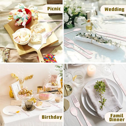 150 Pack Pink Glitter Plastic Silverware Disposable, Baby Shower Cutlery, 50 Pink Forks, 50 Rose Gold Spoons, 50 Rose Gold Knives for Brithday, Wedding, Baby Shower