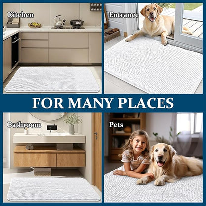 OLANLY Dog Door Mat for Muddy Paws 59x24, Absorbs Moisture and Dirt, Absorbent Non-Slip Washable Doormat, Quick Dry Chenille Mud Mat for Dogs, Entry Indoor Entryway Carpet for Inside Floor, White