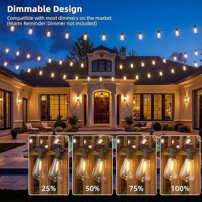 FOOMAN LED Outdoor String Lights, 50FT Outside Waterproof Patio Lights with 25+2 Shatterproof ST38 Edison Bulbs, 2700K Warm White Hanging Light, Dimmable Light for Backyard Garden Bistro Party
