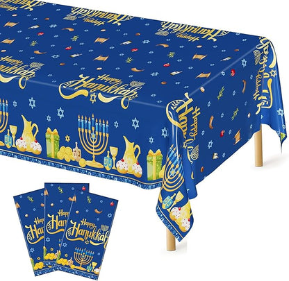 3 PCS Hanukkah Decorations, 108" x 54" Blue Gold Hanukkah Tablecloth, Disposable Happy Chanukkah Plastic Tablecloth, Lights Candles Design Rectangle Chanukkah Tablecovers for Jewish Festival Supplies