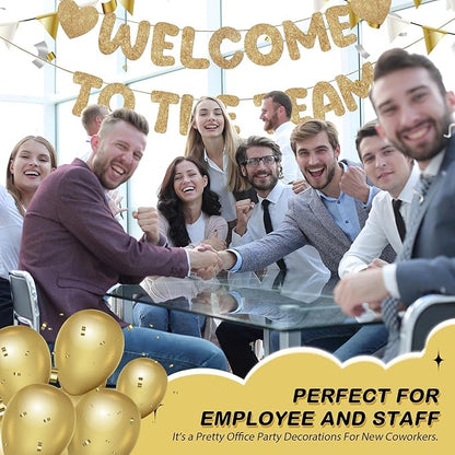 Fulmoon Pre Strung Welcome to The Team Banner with Two Heart Signs, NO DIY, Glitter Welcome Party Supplies for New Employee, Coworker, Colleague, Staff, Team Member Office Decorations(Champagne Gold)