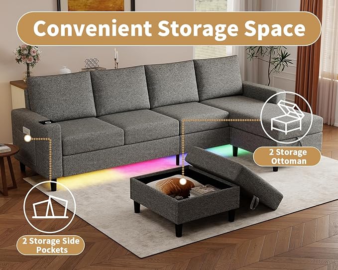 Smart Sectional Couches for Living Room, 6 Seat U/L Shaped Sectional Sofa with RGB Light/Charging, Modern Living Room Furniture for Apartments/Office/More (Light Gray)