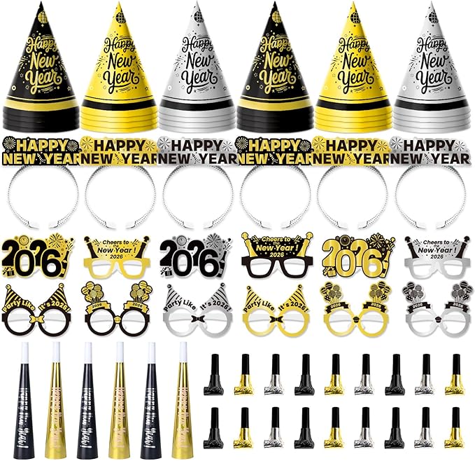 144PCS New Years Eve Party Supplies 2026 for 48 Guests, Happy New Years Decorations Party Favors Includes Cone Hats, Tiaras, Glasses, Noise Makers Accessories for Adults Kids