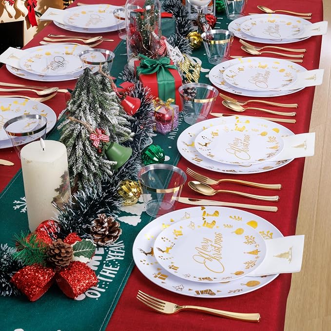 Ciaell 175 Pieces Christmas Plastic Plates - Christmas Gold Plastic Plates include 25Dinner Plate, 25Dessert Plate, 25Knives, 25Forks, 25Spoons, 25cups, 25 Napkins for Xmas Party
