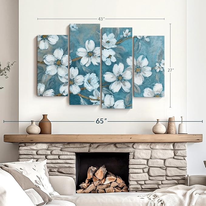 Elephant Stock Blossoms Of Evening Wall Art - Horizontal Canvas - 4-Piece Living Room Wall Decor - Blossom Painting Canvas Print - Blue and Gray Decor for Wall by Carol Robinson - 43" X 27"