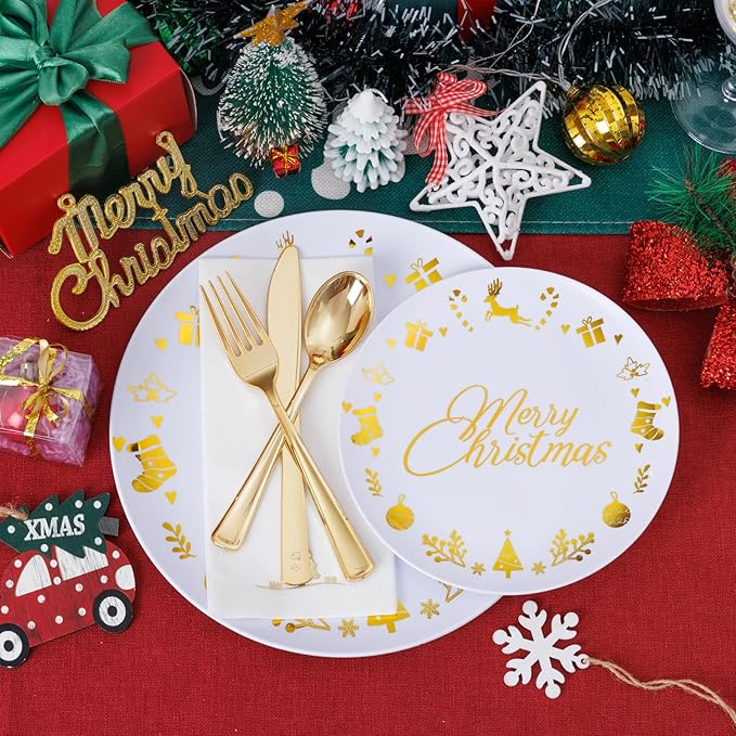 Ciaell 175 Pieces Christmas Plastic Plates - Christmas Gold Plastic Plates include 25Dinner Plate, 25Dessert Plate, 25Knives, 25Forks, 25Spoons, 25cups, 25 Napkins for Xmas Party
