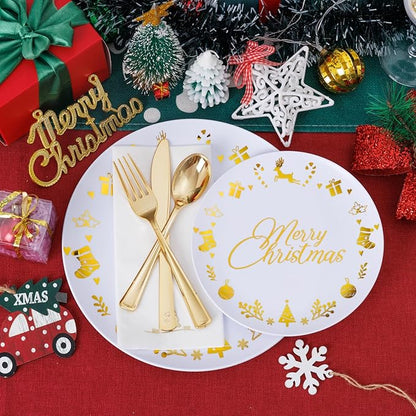 Ciaell 175 Pieces Christmas Plastic Plates - Christmas Gold Plastic Plates include 25Dinner Plate, 25Dessert Plate, 25Knives, 25Forks, 25Spoons, 25cups, 25 Napkins for Xmas Party