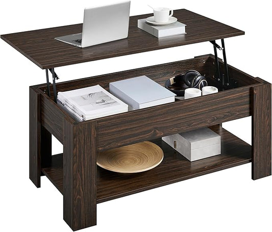 Yaheetech Lift Top Coffee Table with Hidden Compartment and Storage Shelf, Rising Tabletop Dining Table for Living Room Reception Room, 38.6in L, Espresso