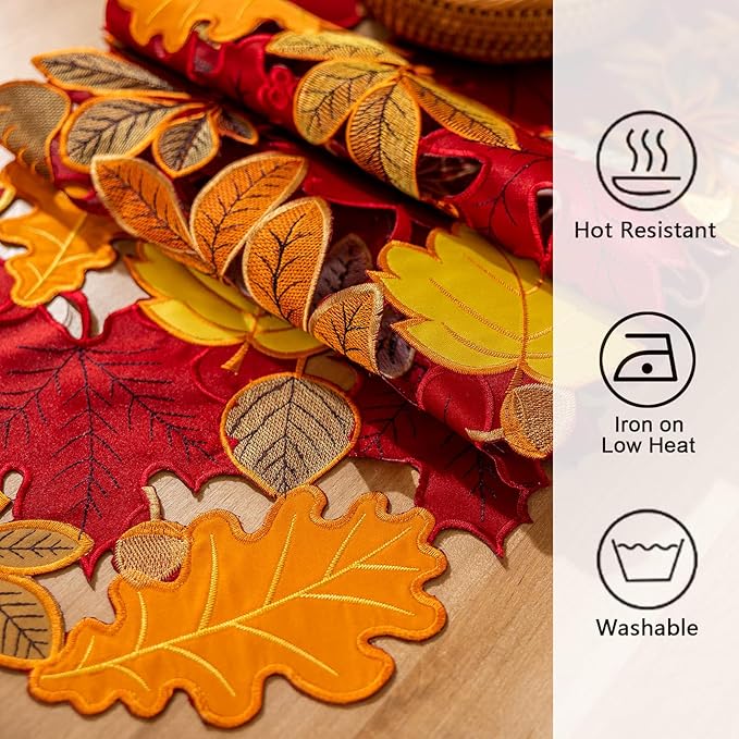 Joyfol Day Fall Leaves Table Runner 14 x 69 inch, Thanksgiving Harvest Rust Maple Leaves Table Runners, Embroidered Autumn Dresser Scarf for Harvest Party Dinner Seasonal Decoration