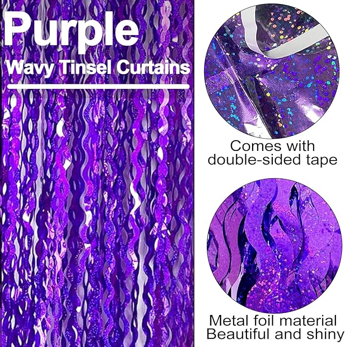 4 Pack Purple Fringe Curtain Backdrop 3.2Ft x 8.2Ft Metallic Tinsel Foil Fringe Streamers Background for Photo Booth, Easter, Mother's Day, Bachelorette, Wedding, Birthday Party Decoration