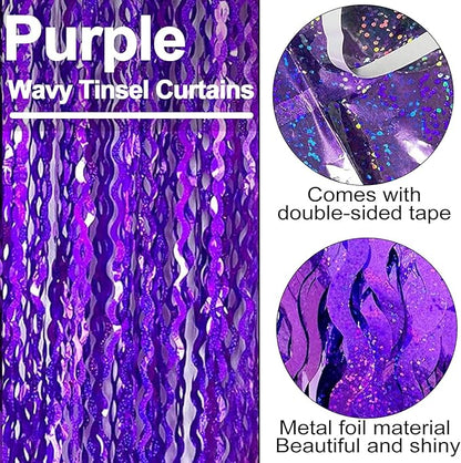 4 Pack Purple Fringe Curtain Backdrop 3.2Ft x 8.2Ft Metallic Tinsel Foil Fringe Streamers Background for Photo Booth, Easter, Mother's Day, Bachelorette, Wedding, Birthday Party Decoration